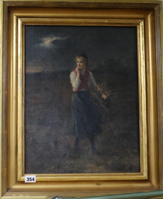 19th century English school, oil on canvas, girl in a stormy landscape, 44 x 34cm
